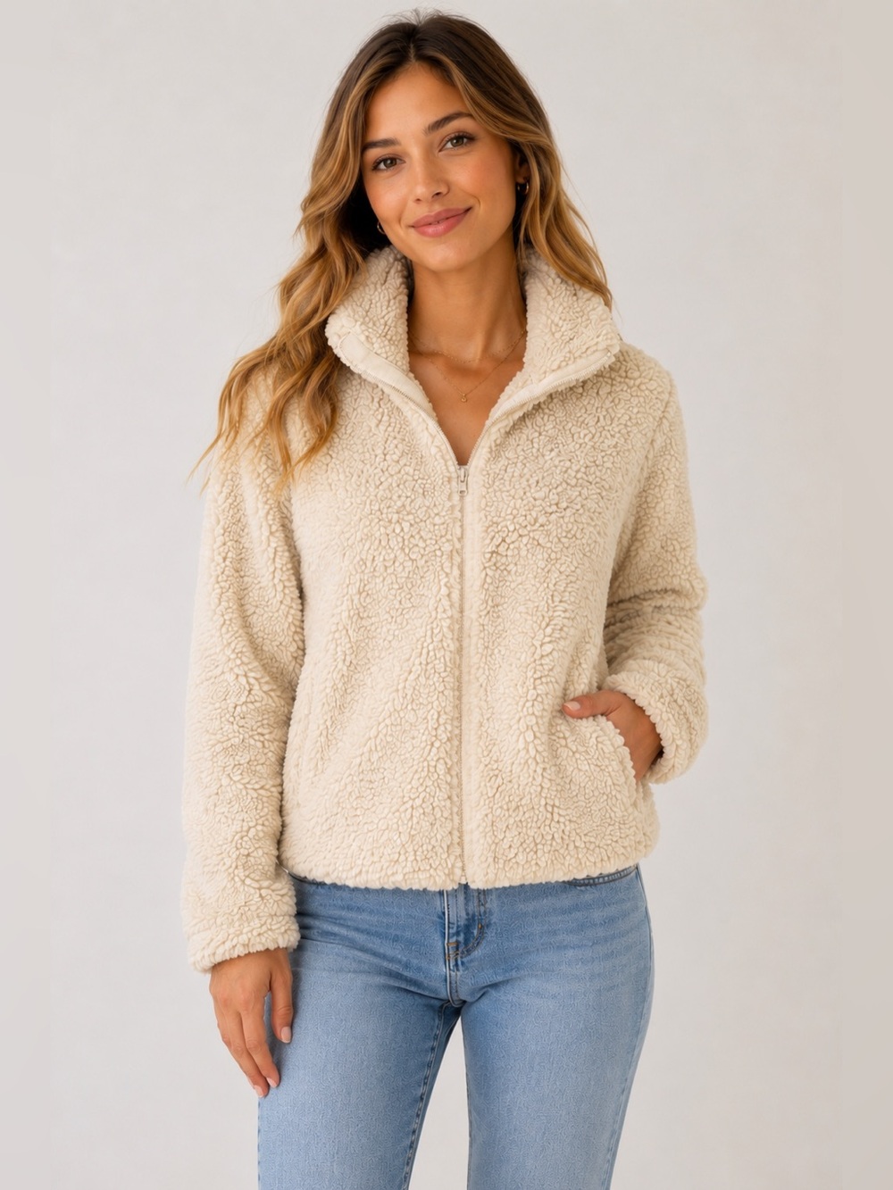 PacSun Tan Sherpa Teddy Fleece Full Zip Jacket Side Pocket Oversized XS/S